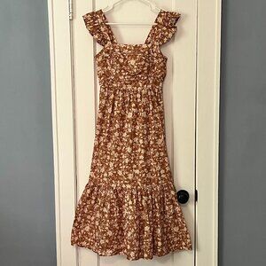 Oliver Bonas 100% organic cotton midi dress floral smocked boho peasant size 4
